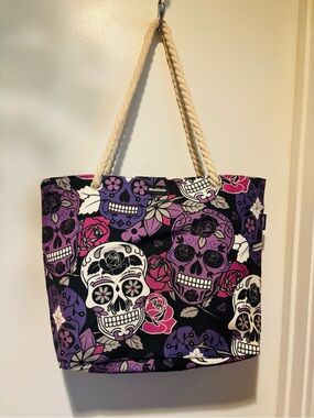 Skull & Floral Canvas Tote in Black, Purple & Pink